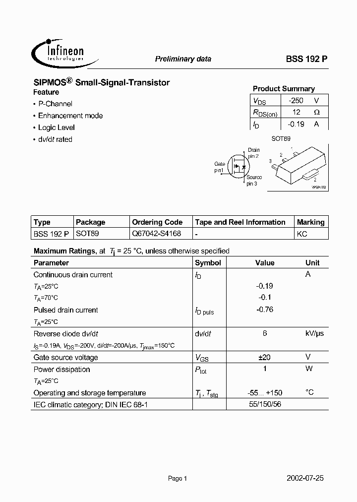 BSS192P_136193.PDF Datasheet