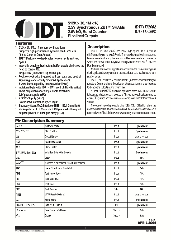 IDT71T75802_74585.PDF Datasheet