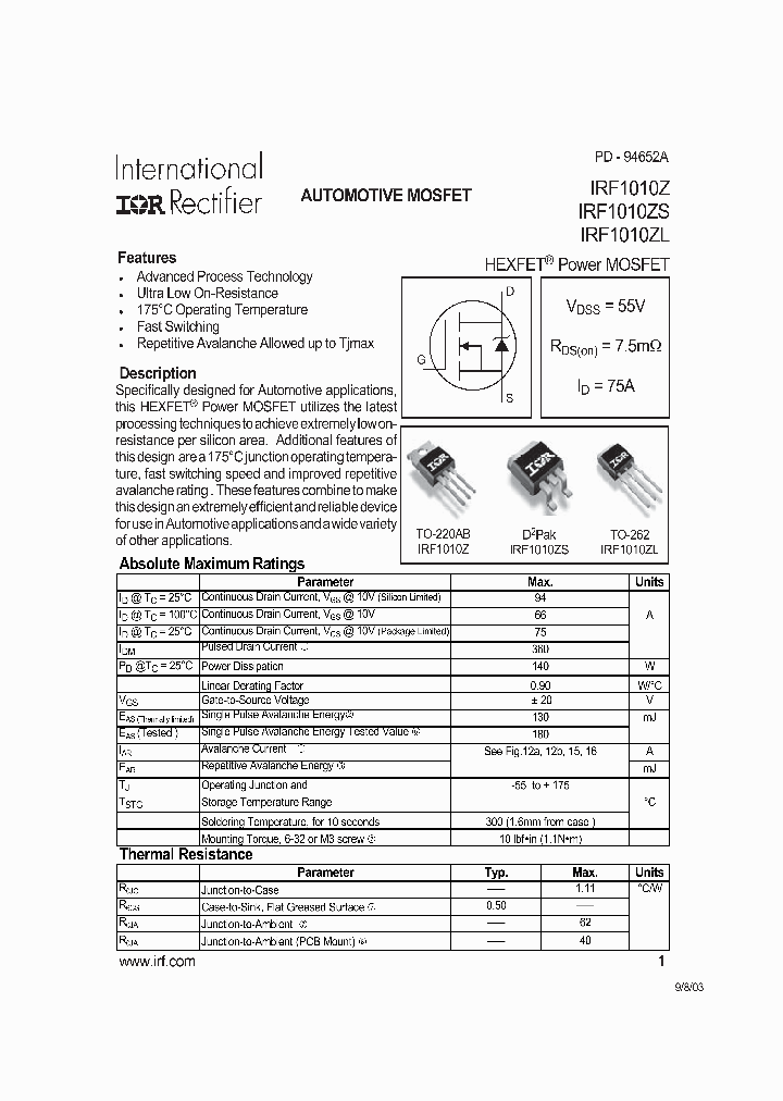 IRF1010Z_5724.PDF Datasheet