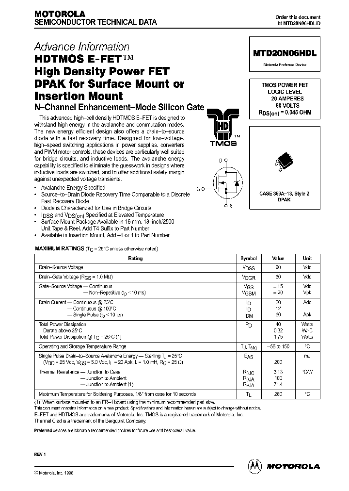 MTD20N06HDL_139747.PDF Datasheet