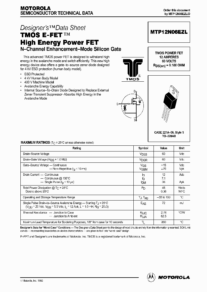 MTP12N06EZL_64728.PDF Datasheet