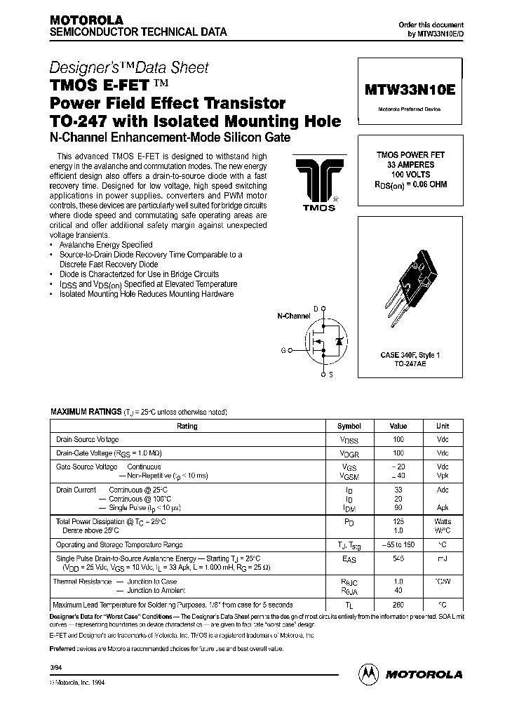 MTW33N10E_62993.PDF Datasheet