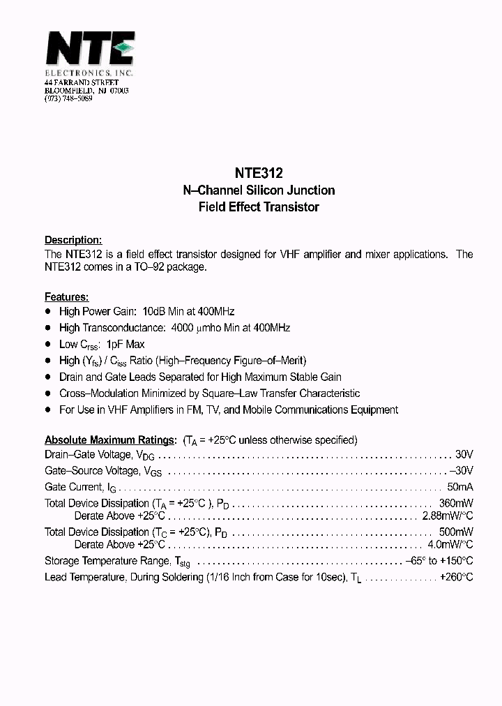 NTE312_69921.PDF Datasheet