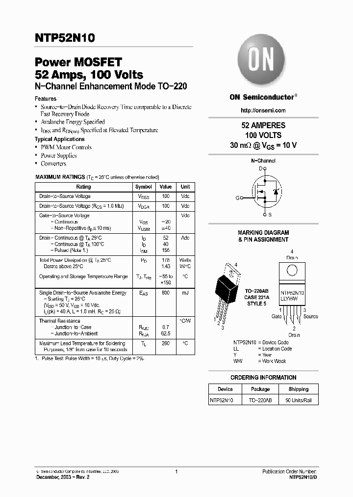 NTP52N10_65018.PDF Datasheet