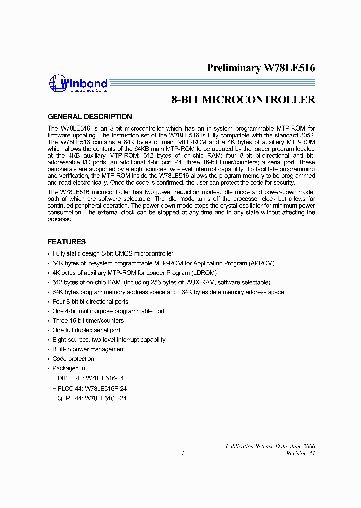 W78LE516_52605.PDF Datasheet
