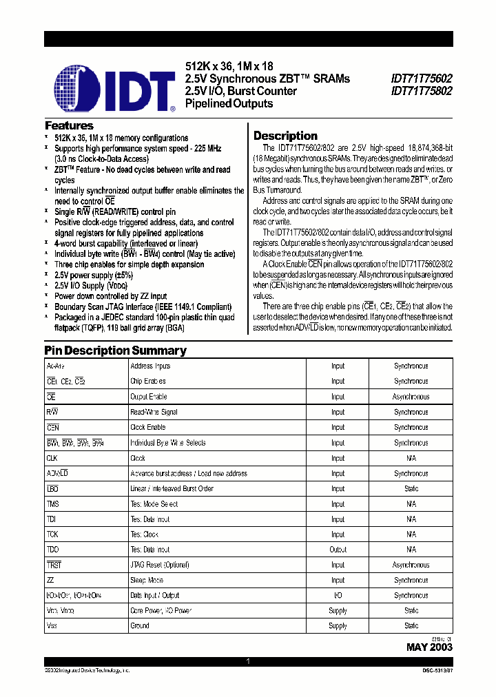 IDT71T75602_296692.PDF Datasheet
