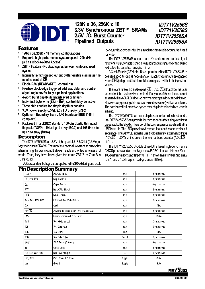 IDT71V2558SA_243179.PDF Datasheet