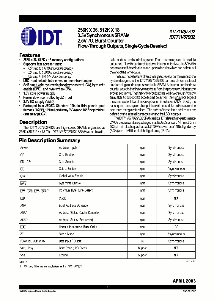 IDT71V67702_291875.PDF Datasheet