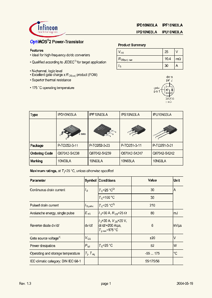 IPU10N03LA_296720.PDF Datasheet