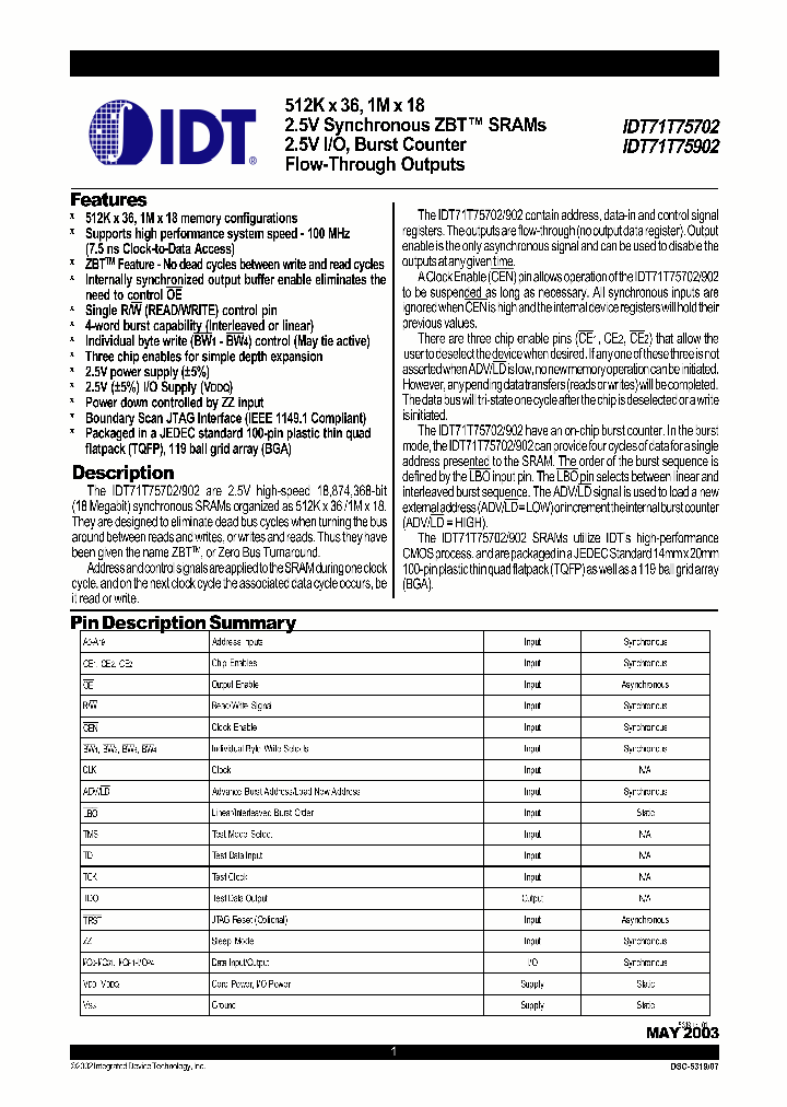IDT71T75902_352441.PDF Datasheet