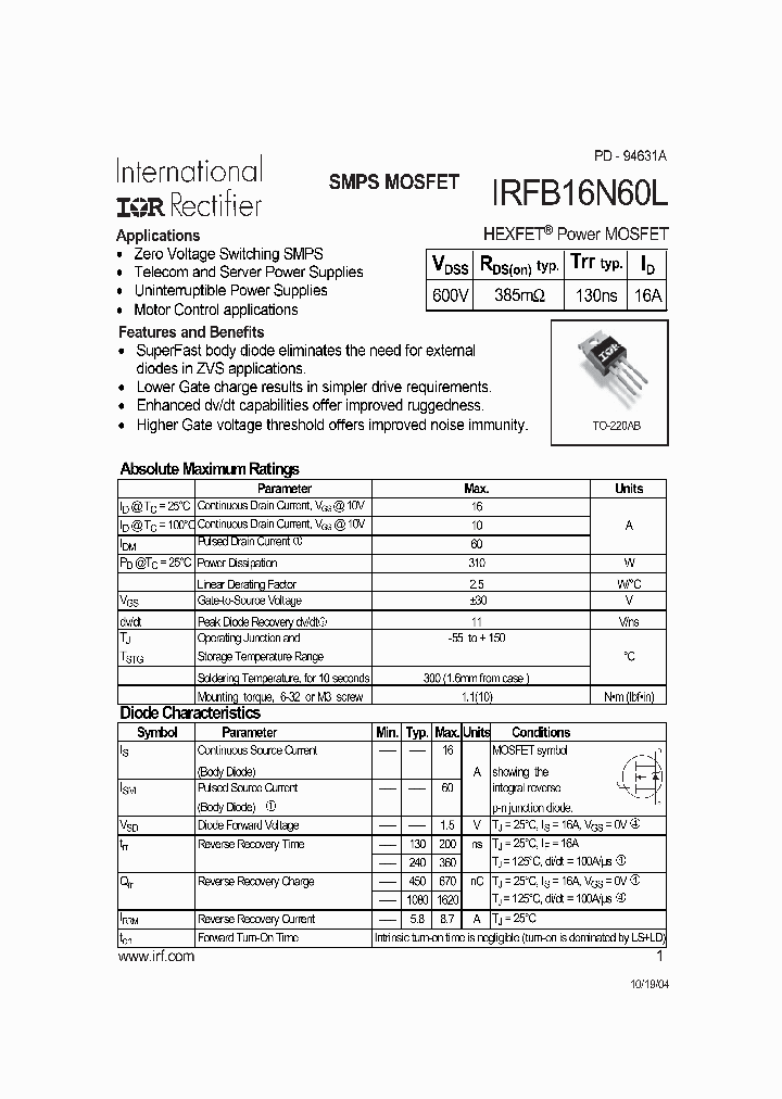 IRFB16N60L_348629.PDF Datasheet
