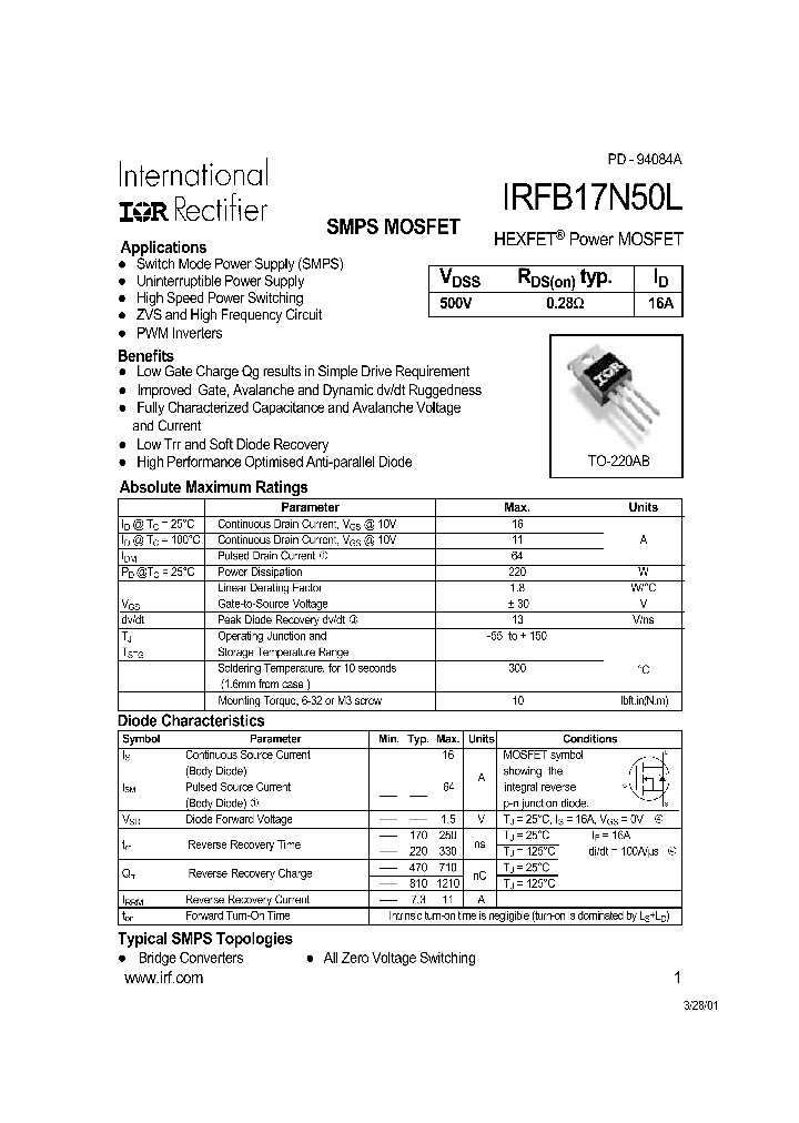 IRFB17N50L_329202.PDF Datasheet