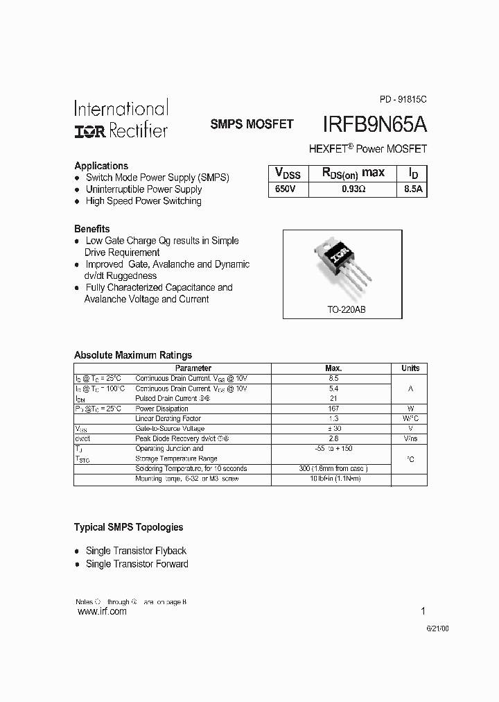 IRFB9N65A_354510.PDF Datasheet