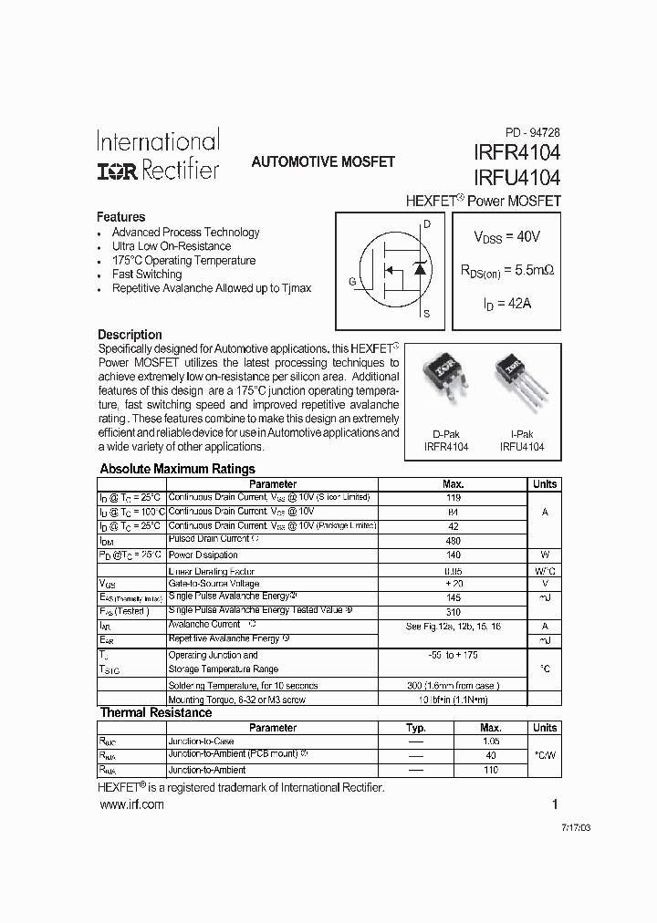 IRFU4104_62642.PDF Datasheet
