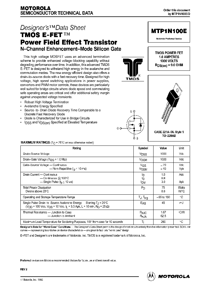 MTP1N100ED_328289.PDF Datasheet