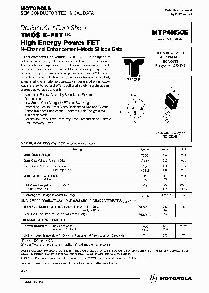 MTP4N50E_190296.PDF Datasheet