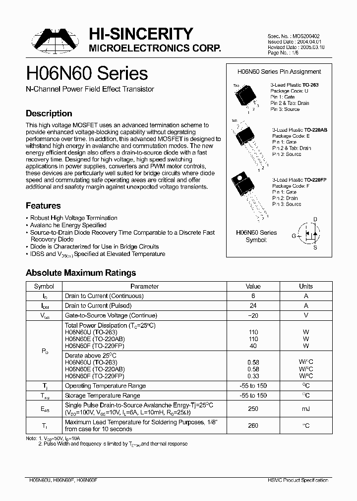 H06N60_397445.PDF Datasheet