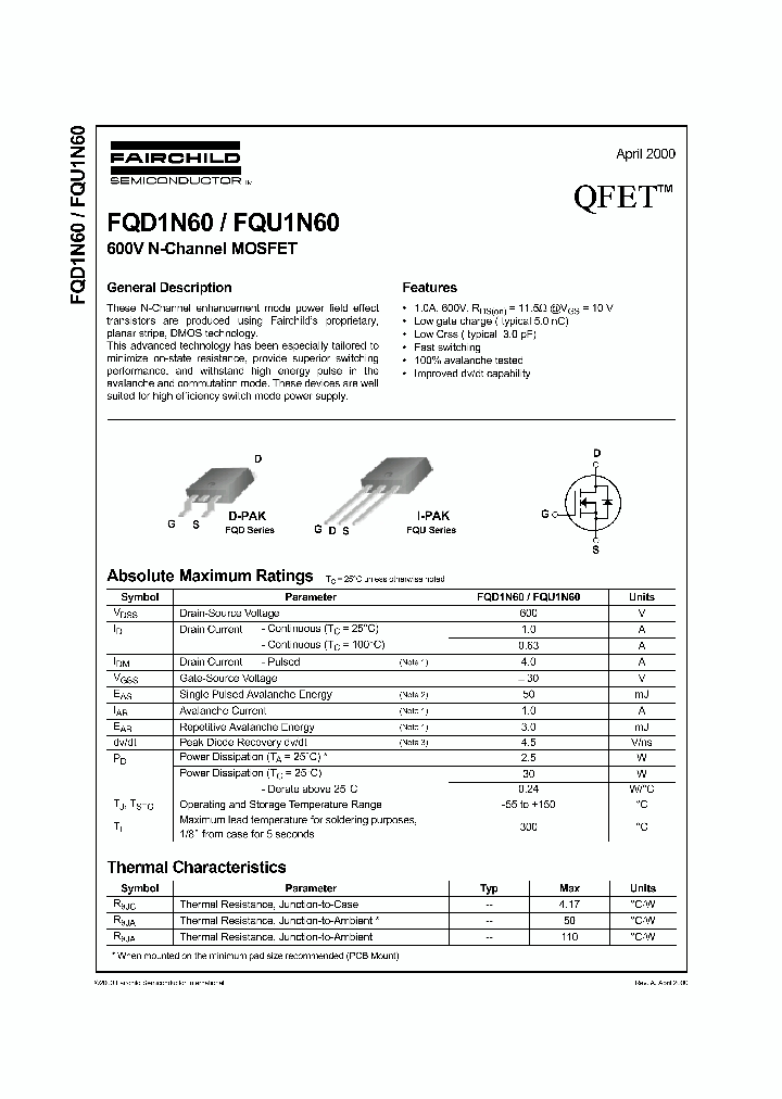 FQU1N60_534780.PDF Datasheet