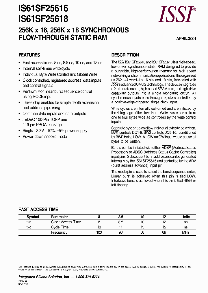 IS61SF25616_491881.PDF Datasheet