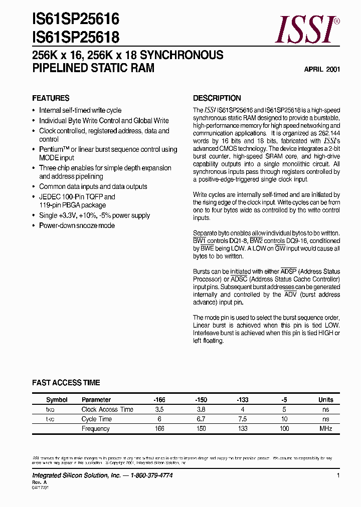 IS61SP25616_493042.PDF Datasheet