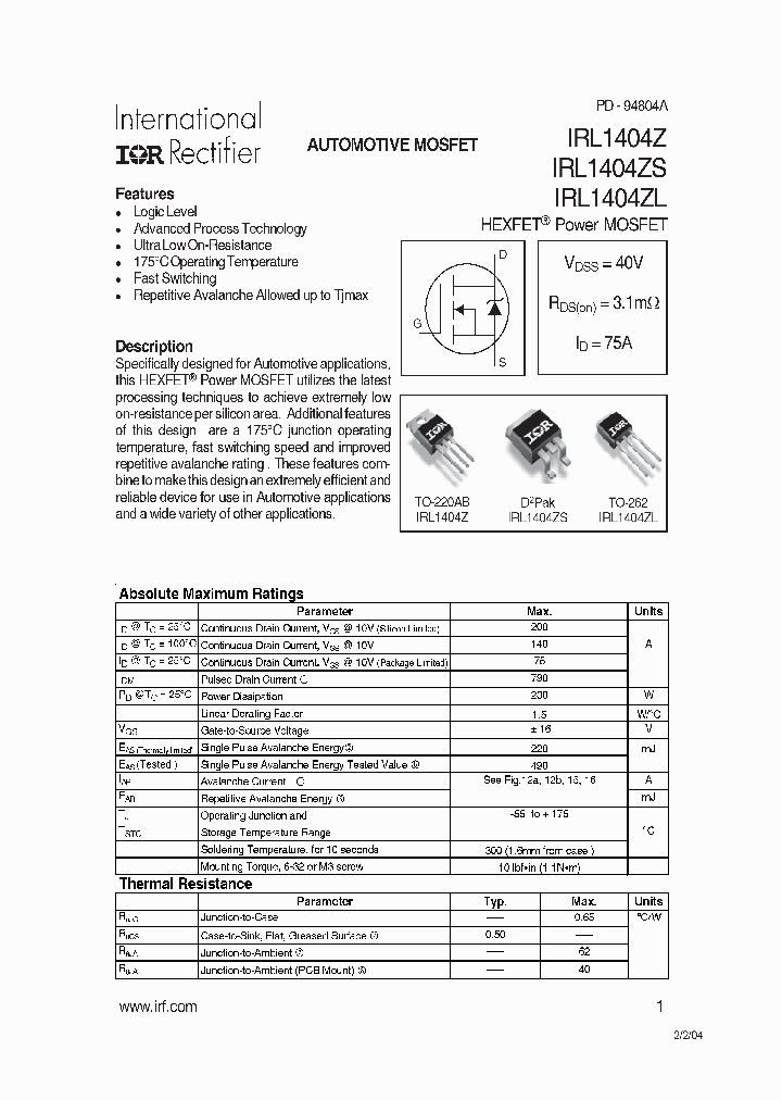 IRL1404ZS_593988.PDF Datasheet