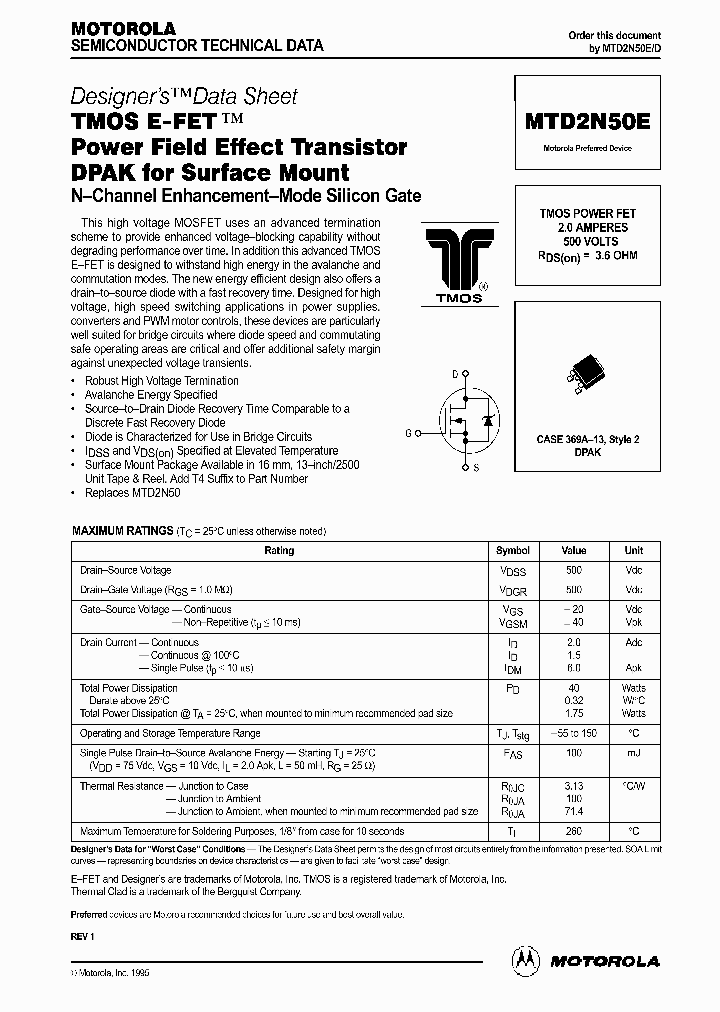 MTD2N50E_663880.PDF Datasheet