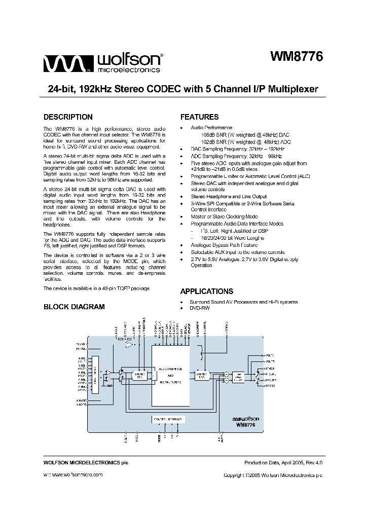 WM8776SEFTRV_756072.PDF Datasheet