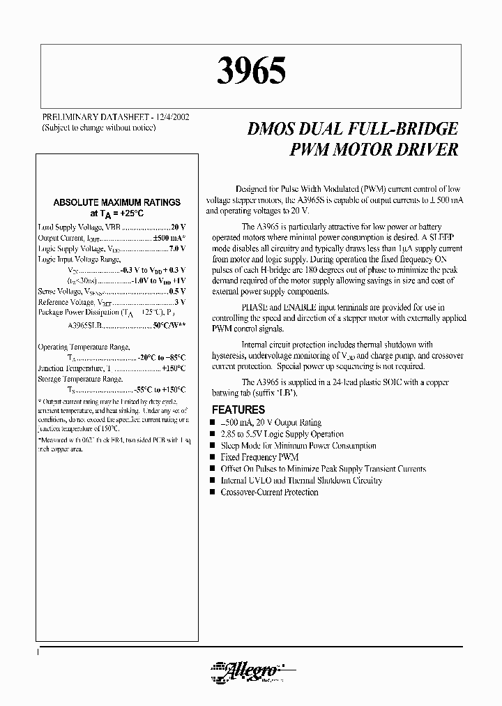 A3965SLB_813800.PDF Datasheet