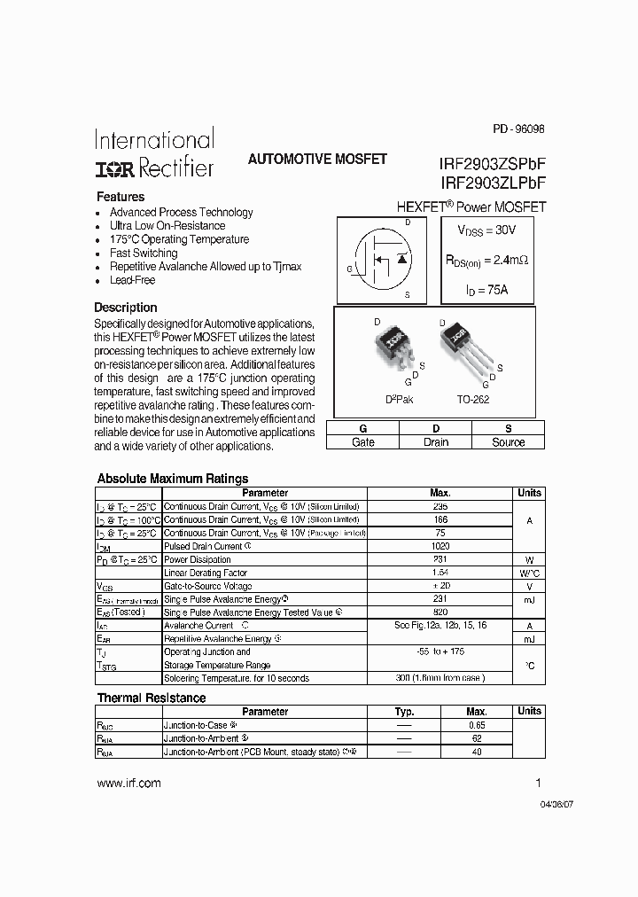IRF2903ZLPBF_959772.PDF Datasheet
