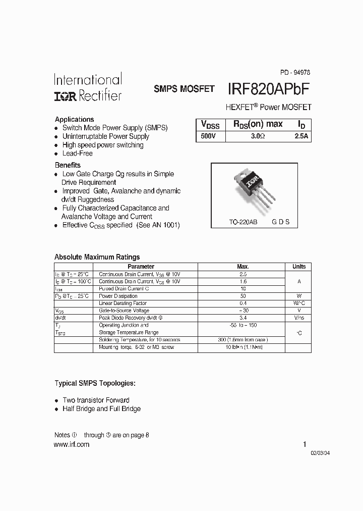 IRF820APBF_709762.PDF Datasheet