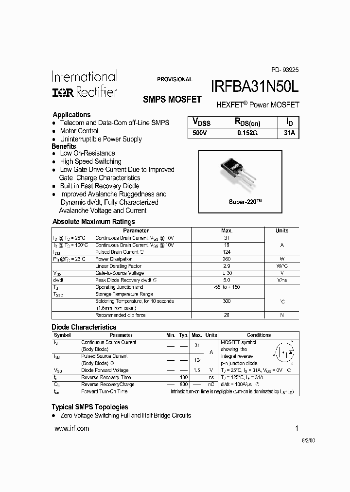 IRFBA31N50L_680733.PDF Datasheet