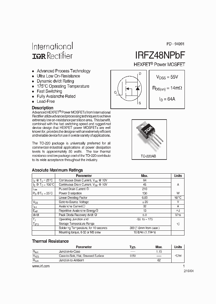 IRFZ48NPBF_725347.PDF Datasheet