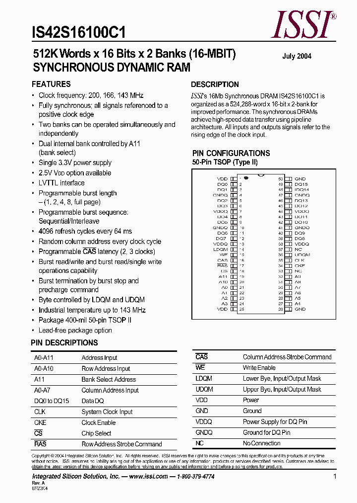 IS42S16100C1-7TLI_1014009.PDF Datasheet