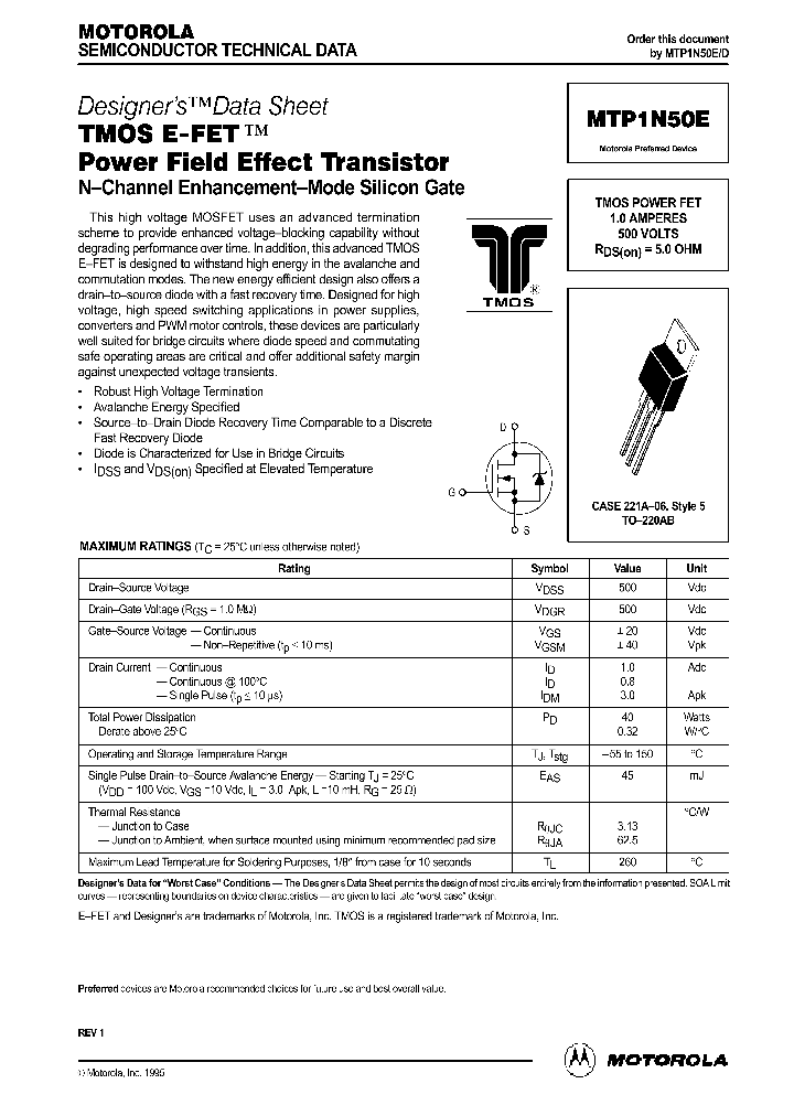 MTP1N50E_950991.PDF Datasheet