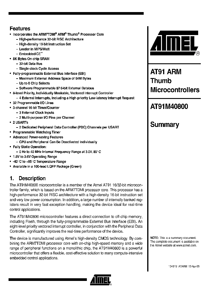 AT91M40800-33AU_1189327.PDF Datasheet