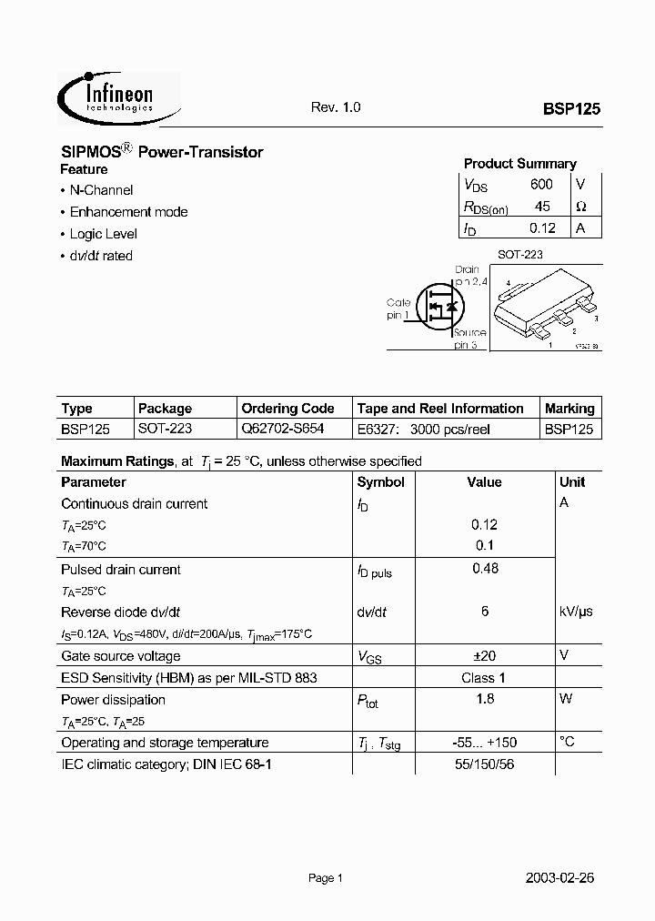 BSP125_1220694.PDF Datasheet