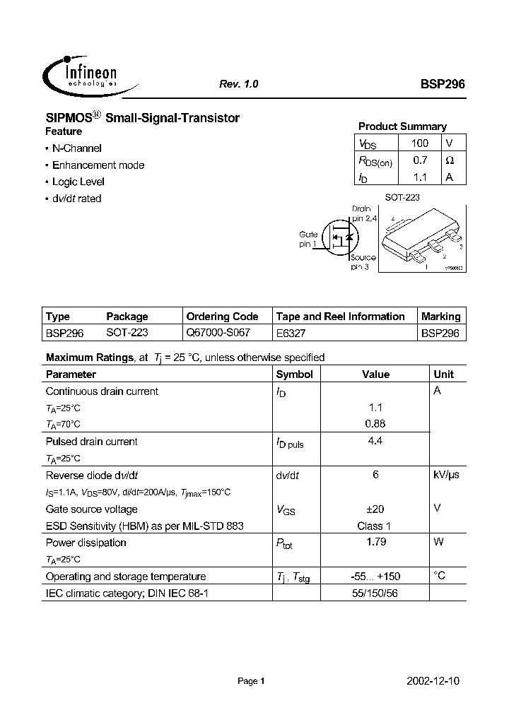 BSP296_1220723.PDF Datasheet