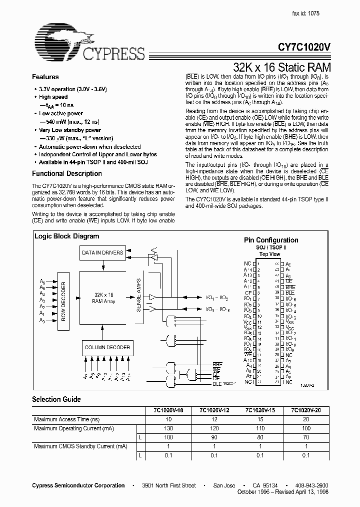 CY7C1020V33-10ZC_722686.PDF Datasheet