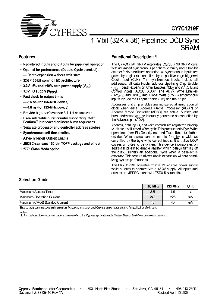 CY7C1219F-133AC_1230541.PDF Datasheet