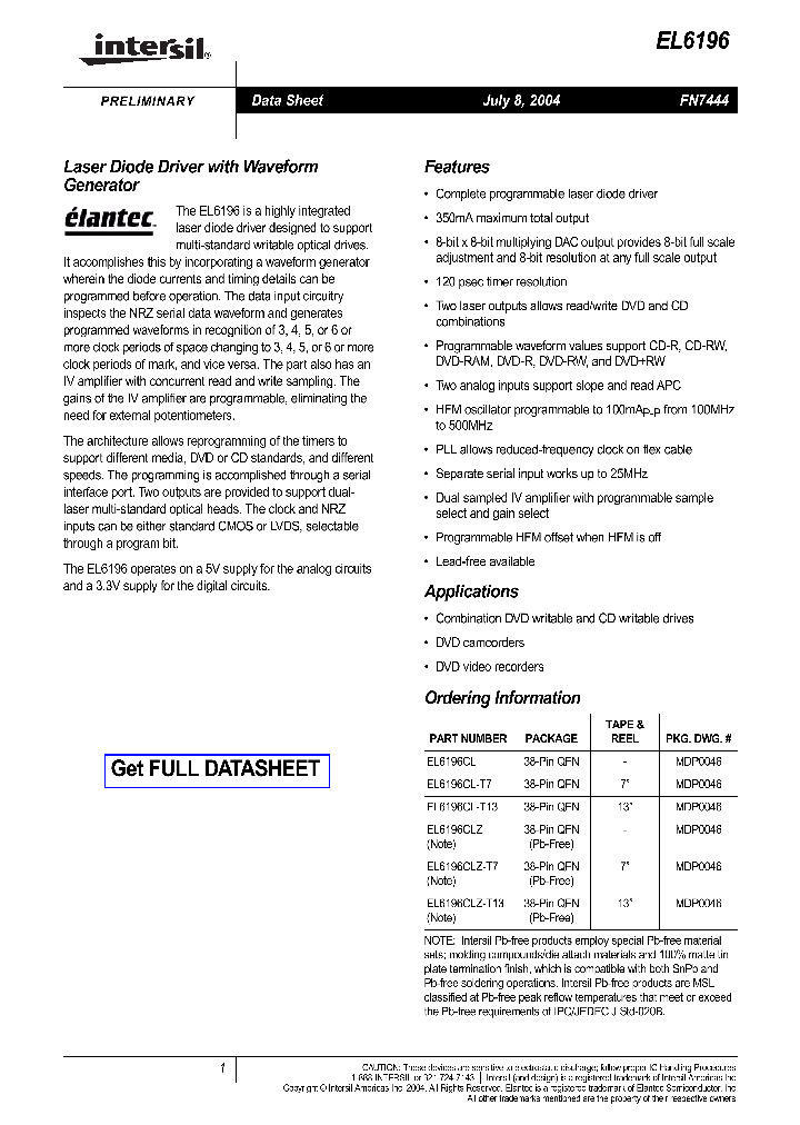 EL6196CLZ-T7_1236630.PDF Datasheet
