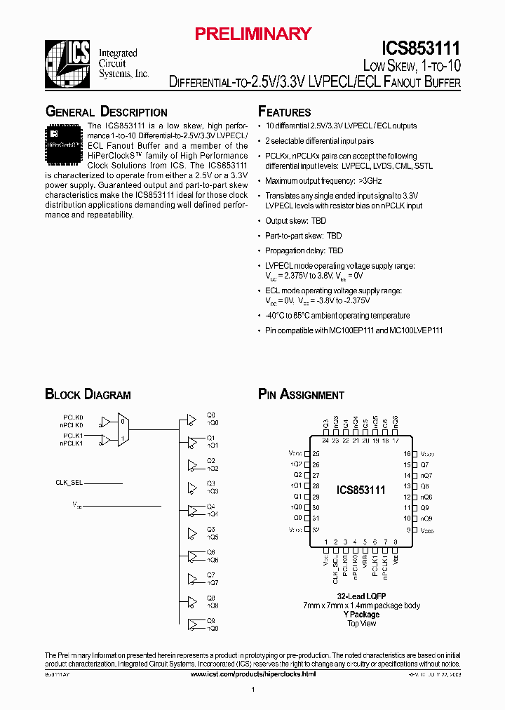 ICS853111AYT_1253114.PDF Datasheet
