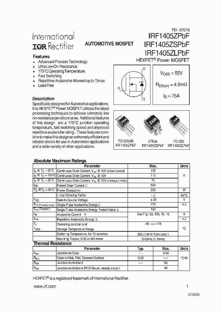 IRF1405ZLPBF_1156041.PDF Datasheet