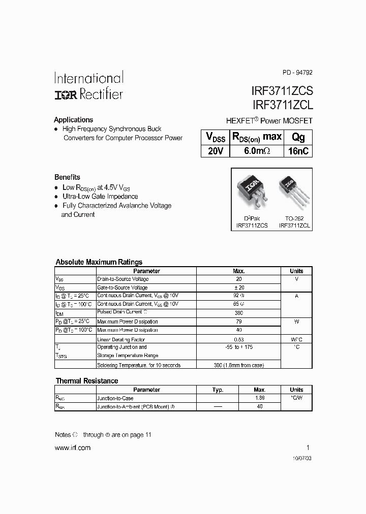 IRF3711ZCL_1068298.PDF Datasheet