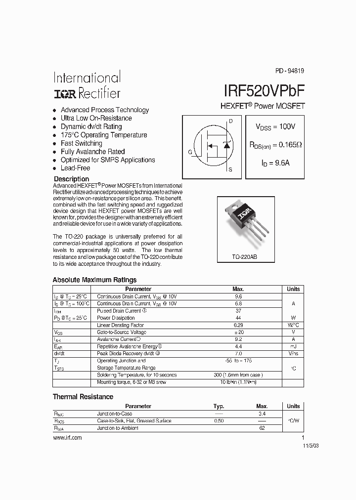 IRF520VPBF_1182264.PDF Datasheet