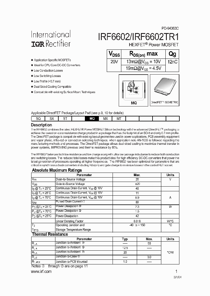 IRF6602TR1_1255503.PDF Datasheet