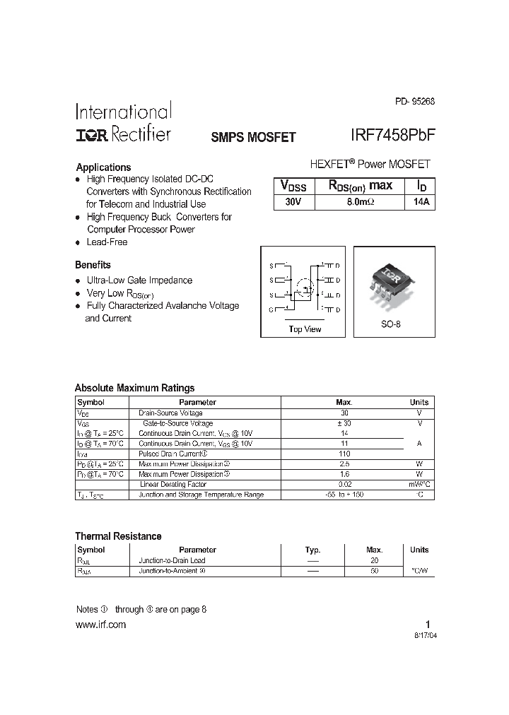IRF7458PBF_1255608.PDF Datasheet