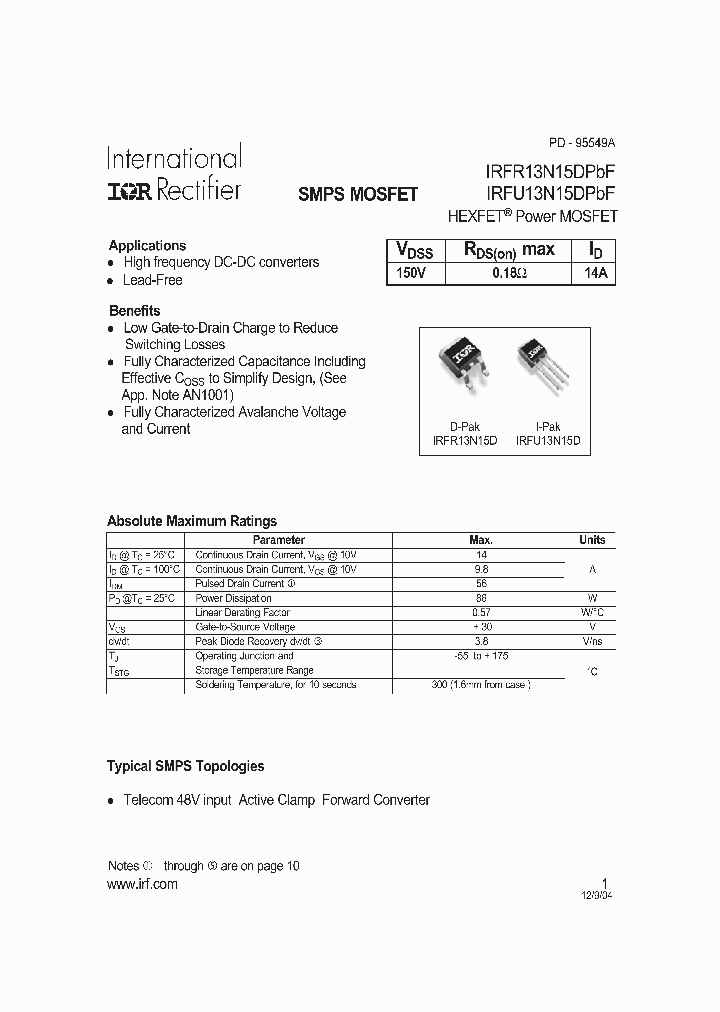 IRFR13N15DPBF_1154928.PDF Datasheet