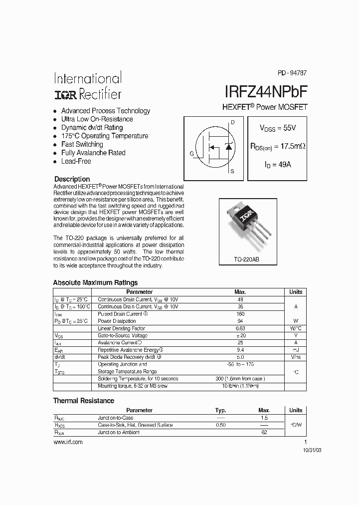 IRFZ44NPBF_1256265.PDF Datasheet