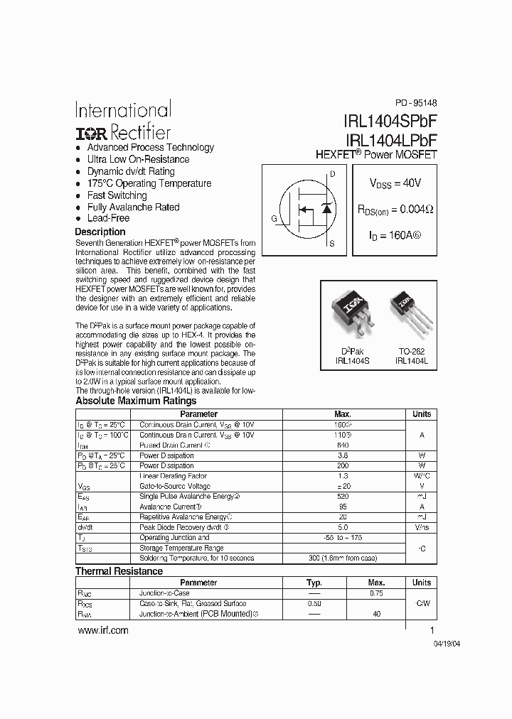 IRL1404LPBF_1145812.PDF Datasheet