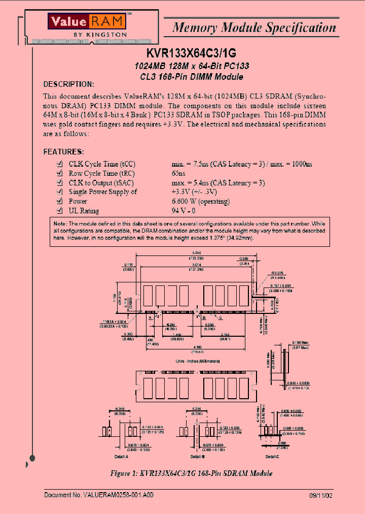 KVR133X64C31G_1261929.PDF Datasheet